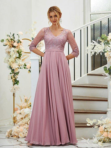 A-Linie/Princess-Linie Chiffon Spitze V-Ausschnitt 3/4 Ärmel Bodenlang Brautjungfernkleider