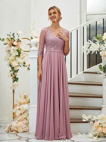 A-Linie/Princess-Linie Chiffon Spitze V-Ausschnitt 3/4 Ärmel Bodenlang Brautjungfernkleider