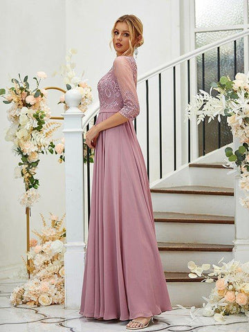 A-Linie/Princess-Linie Chiffon Spitze V-Ausschnitt 3/4 Ärmel Bodenlang Brautjungfernkleider