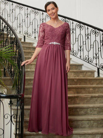 A-Linie/Princess-Linie Chiffon Spitze V-Ausschnitt 3/4 Ärmel Bodenlang Kleider für die Brautmutter