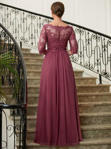 A-Linie/Princess-Linie Chiffon Spitze V-Ausschnitt 3/4 Ärmel Bodenlang Kleider für die Brautmutter