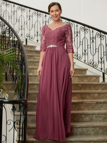 A-Linie/Princess-Linie Chiffon Spitze V-Ausschnitt 3/4 Ärmel Bodenlang Kleider für die Brautmutter