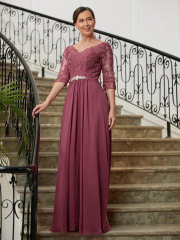A-Linie/Princess-Linie Chiffon Spitze V-Ausschnitt 3/4 Ärmel Bodenlang Kleider für die Brautmutter