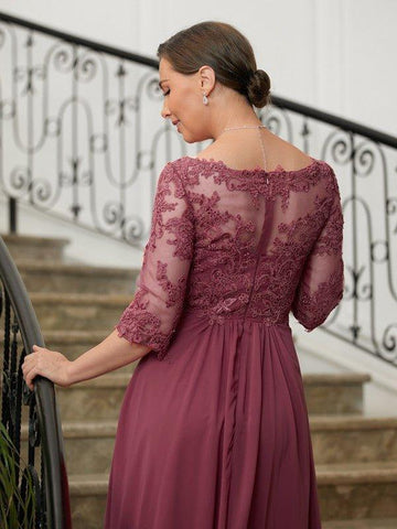 A-Linie/Princess-Linie Chiffon Spitze V-Ausschnitt 3/4 Ärmel Bodenlang Kleider für die Brautmutter