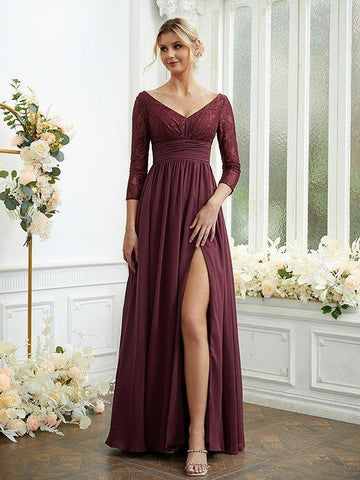A-Linie/Princess-Linie Chiffon Spitze V-Ausschnitt Lange Ärmel Bodenlang Brautjungfernkleider