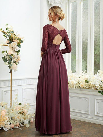 A-Linie/Princess-Linie Chiffon Spitze V-Ausschnitt Lange Ärmel Bodenlang Brautjungfernkleider