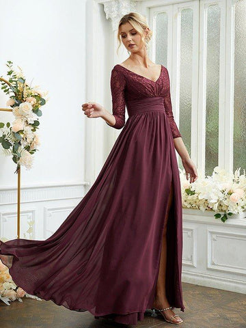 A-Linie/Princess-Linie Chiffon Spitze V-Ausschnitt Lange Ärmel Bodenlang Brautjungfernkleider