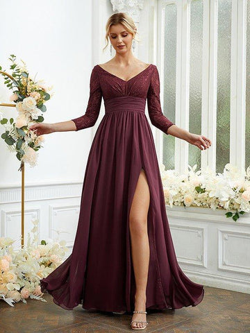 A-Linie/Princess-Linie Chiffon Spitze V-Ausschnitt Lange Ärmel Bodenlang Brautjungfernkleider