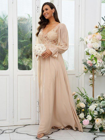 A-Linie/Princess-Linie Chiffon Spitze V-Ausschnitt Lange Ärmel Sweep/Pinsel zug Brautjungfernkleider