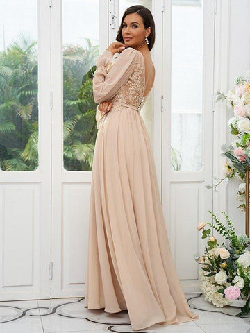 A-Linie/Princess-Linie Chiffon Spitze V-Ausschnitt Lange Ärmel Sweep/Pinsel zug Brautjungfernkleider
