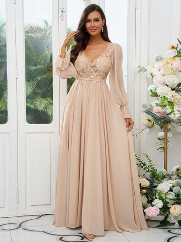 A-Linie/Princess-Linie Chiffon Spitze V-Ausschnitt Lange Ärmel Sweep/Pinsel zug Brautjungfernkleider