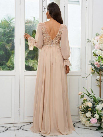 A-Linie/Princess-Linie Chiffon Spitze V-Ausschnitt Lange Ärmel Sweep/Pinsel zug Brautjungfernkleider