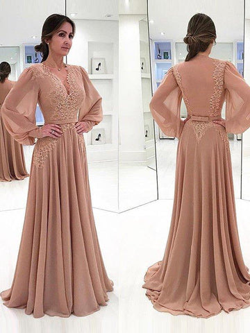 A-Linie/Princess-Linie Chiffon Spitze V-Ausschnitt Lange Ärmel Sweep/Pinsel zug Kleider für die Brautmutter
