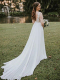 Vestidos de noiva princesa com decote em V, sem mangas, em chiffon e renda, cauda comprida