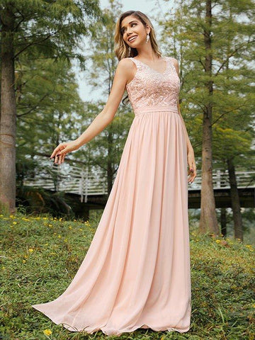 A-Linie/Princess-Linie Chiffon Spitze V-Ausschnitt Ärmellos Bodenlang Brautjungfernkleider
