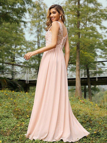 A-Linie/Princess-Linie Chiffon Spitze V-Ausschnitt Ärmellos Bodenlang Brautjungfernkleider