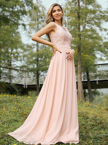 A-Linie/Princess-Linie Chiffon Spitze V-Ausschnitt Ärmellos Bodenlang Brautjungfernkleider