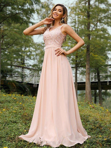 A-Linie/Princess-Linie Chiffon Spitze V-Ausschnitt Ärmellos Bodenlang Brautjungfernkleider