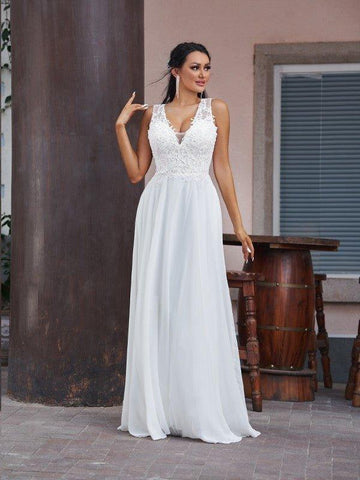 A-Linie/Princess-Linie Chiffon Spitze V-Ausschnitt Ärmellos Bodenlang Brautkleider