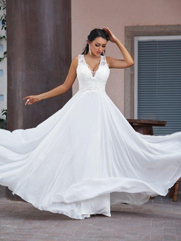 A-Linie/Princess-Linie Chiffon Spitze V-Ausschnitt Ärmellos Bodenlang Brautkleider