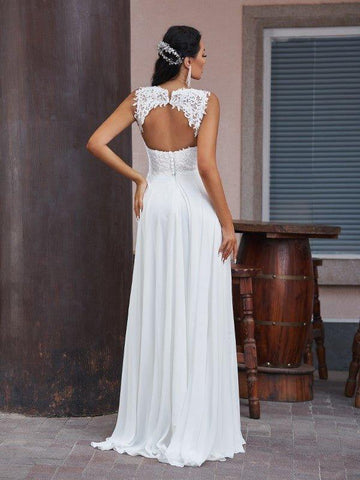 A-Linie/Princess-Linie Chiffon Spitze V-Ausschnitt Ärmellos Bodenlang Brautkleider