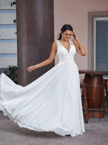 A-Linie/Princess-Linie Chiffon Spitze V-Ausschnitt Ärmellos Bodenlang Brautkleider