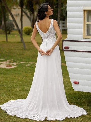 A-Linie/Princess-Linie Chiffon Spitze V-Ausschnitt Ärmellos Sweep/Pinsel zug Brautkleider