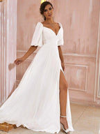 A-Line/Princess Chiffon Ruched Off-the-Shoulder 1/2 Sleeves Floor-Length Wedding Dresses