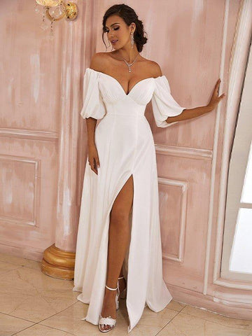A-Linie/Princess-Linie Chiffon Rüschen Off-the-Shoulder-Träger 1/2 Ärmel Bodenlang Brautkleider