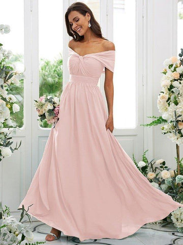 A-Line/Princess Chiffon Ruched Off-the-Shoulder Sleeveless Floor-Length Bridesmaid Dresses