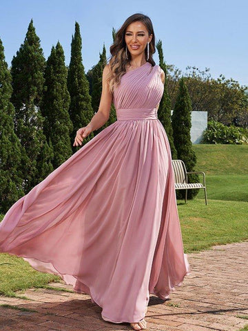 A-Linie/Princess-Linie Chiffon Rüschen One-Shoulder-Träger Ärmellos Bodenlang Brautjungfernkleider