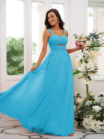 A-Linie/Princess-Linie Chiffon Gerüscht Träger Ärmellos Bodenlang Brautjungfernkleider