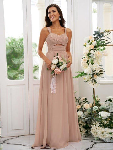 A-Linie/Princess-Linie Chiffon Gerüscht Träger Ärmellos Bodenlang Brautjungfernkleider