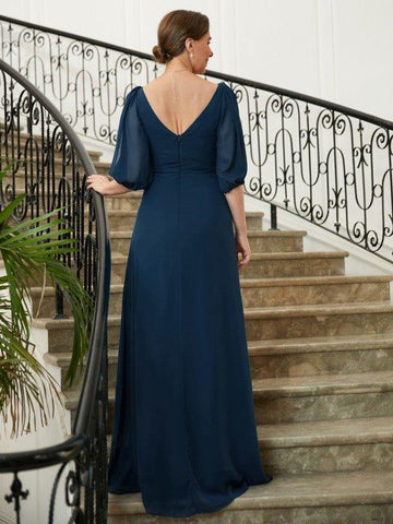 A-Linie/Princess-Linie Chiffon Rüschen V-Ausschnitt 1/2 Ärmel Bodenlang Kleider für die Brautmutter