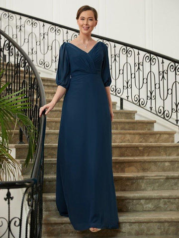 A-Linie/Princess-Linie Chiffon Rüschen V-Ausschnitt 1/2 Ärmel Bodenlang Kleider für die Brautmutter