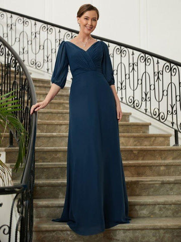 A-Linie/Princess-Linie Chiffon Rüschen V-Ausschnitt 1/2 Ärmel Bodenlang Kleider für die Brautmutter