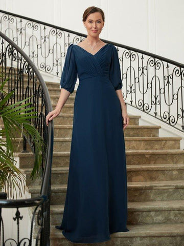 A-Linie/Princess-Linie Chiffon Rüschen V-Ausschnitt 1/2 Ärmel Bodenlang Kleider für die Brautmutter
