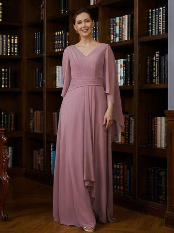 A-Linie/Princess-Linie Chiffon Gerüscht V-Ausschnitt 3/4-Ärmel Bodenlang Kleider für die Brautmutter