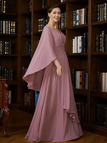 A-Linie/Princess-Linie Chiffon Gerüscht V-Ausschnitt 3/4-Ärmel Bodenlang Kleider für die Brautmutter