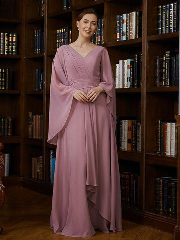 A-Linie/Princess-Linie Chiffon Gerüscht V-Ausschnitt 3/4-Ärmel Bodenlang Kleider für die Brautmutter