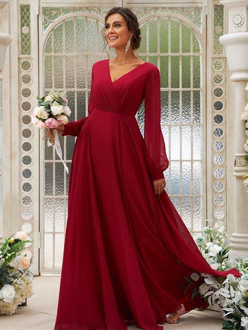 A-Linie/Princess-Linie Chiffon Gerüscht V-Ausschnitt Lange Ärmel Bodenlang Brautjungfernkleider