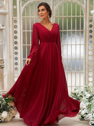 A-Linie/Princess-Linie Chiffon Gerüscht V-Ausschnitt Lange Ärmel Bodenlang Brautjungfernkleider