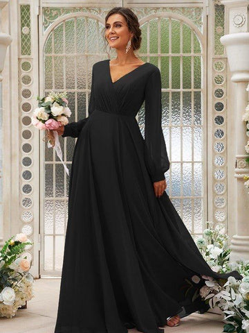 A-Linie/Princess-Linie Chiffon Gerüscht V-Ausschnitt Lange Ärmel Bodenlang Brautjungfernkleider