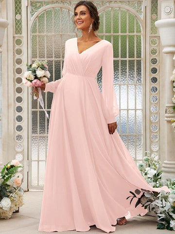 A-Linie/Princess-Linie Chiffon Gerüscht V-Ausschnitt Lange Ärmel Bodenlang Brautjungfernkleider