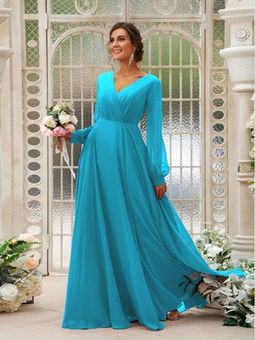 A-Linie/Princess-Linie Chiffon Gerüscht V-Ausschnitt Lange Ärmel Bodenlang Brautjungfernkleider