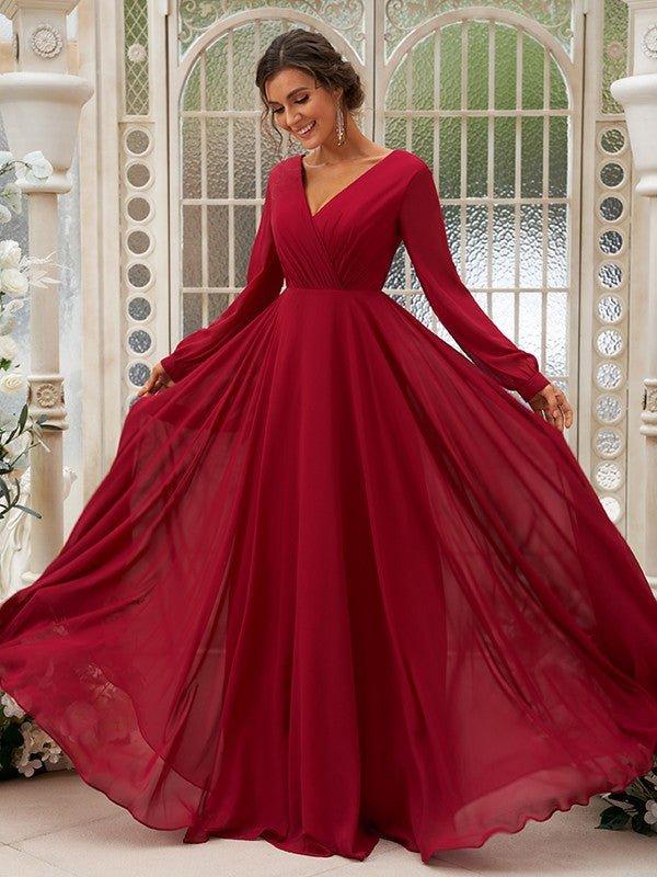 A-Line/Princess Chiffon Ruched V-neck Long Sleeves Floor-Length Bridesmaid Dresses