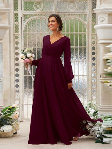 A-Linie/Princess-Linie Chiffon Gerüscht V-Ausschnitt Lange Ärmel Bodenlang Brautjungfernkleider