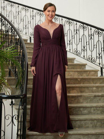 A-Linie/Princess-Linie Chiffon Gerüscht V-Ausschnitt Lange Ärmel Bodenlang Kleider für die Brautmutter