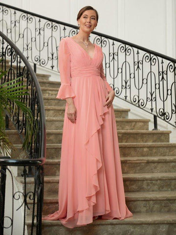 A-Linie/Princess-Linie Chiffon Rüschen V-Ausschnitt Lange Ärmel Sweep/Pinsel zug Kleider für die Brautmutter