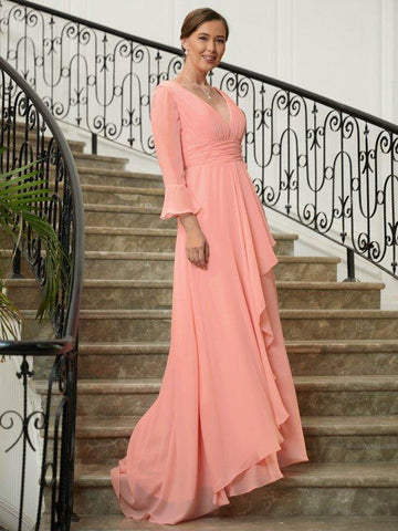 A-Linie/Princess-Linie Chiffon Rüschen V-Ausschnitt Lange Ärmel Sweep/Pinsel zug Kleider für die Brautmutter
